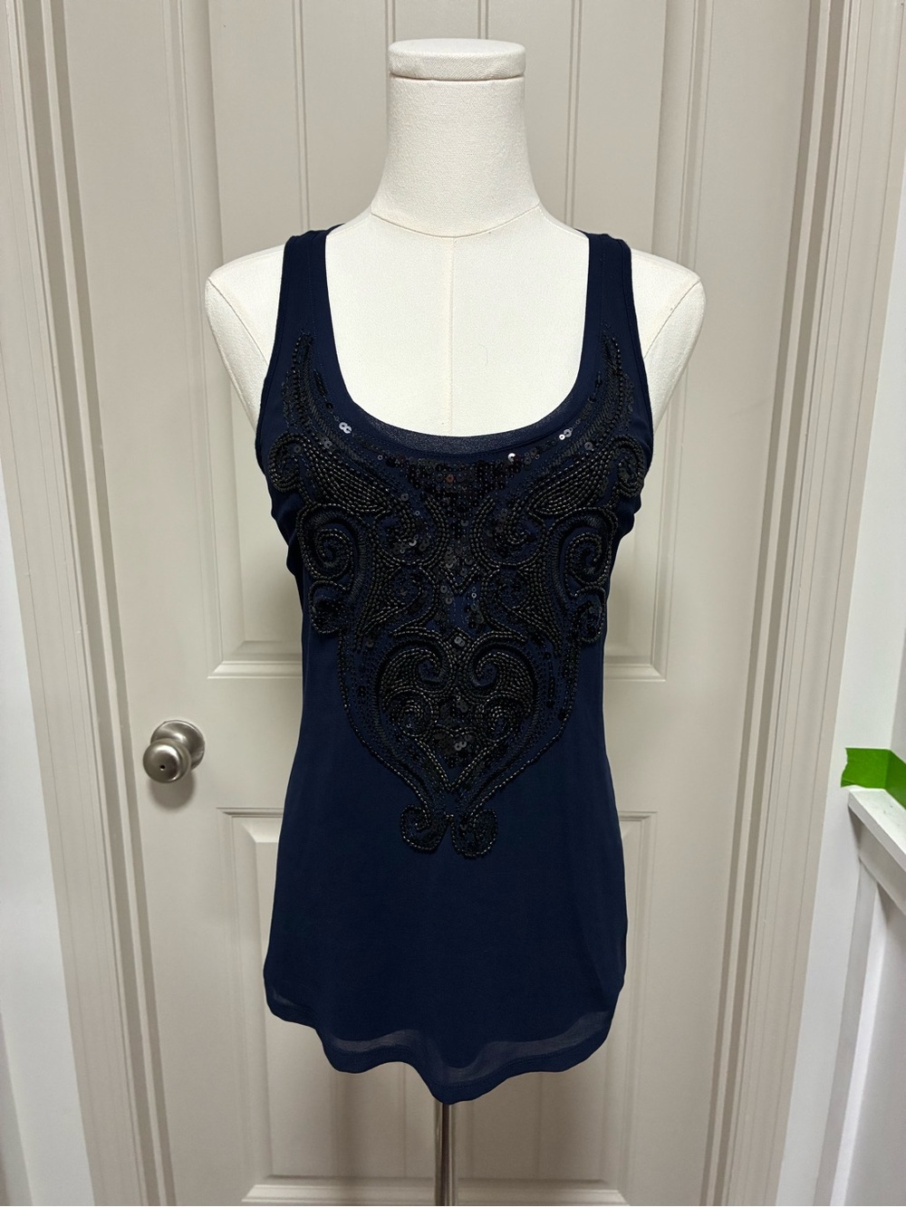 Express Navy Tank Top with Black Beaded Detail